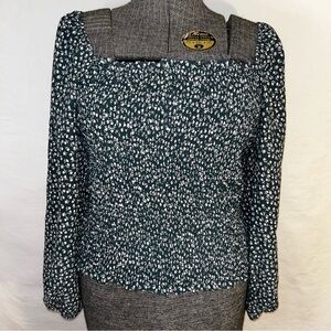 Green Floral Smocked Peasant Blouse - Size XL - Square Neck Long Sleeves